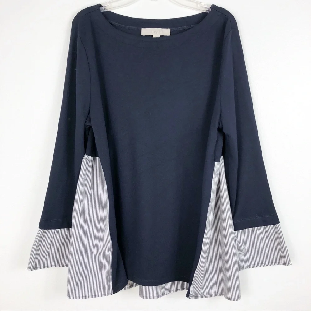 LOFT Navy Long Sleeve Striped Panel Knit Blouse - Picture 1 of 5